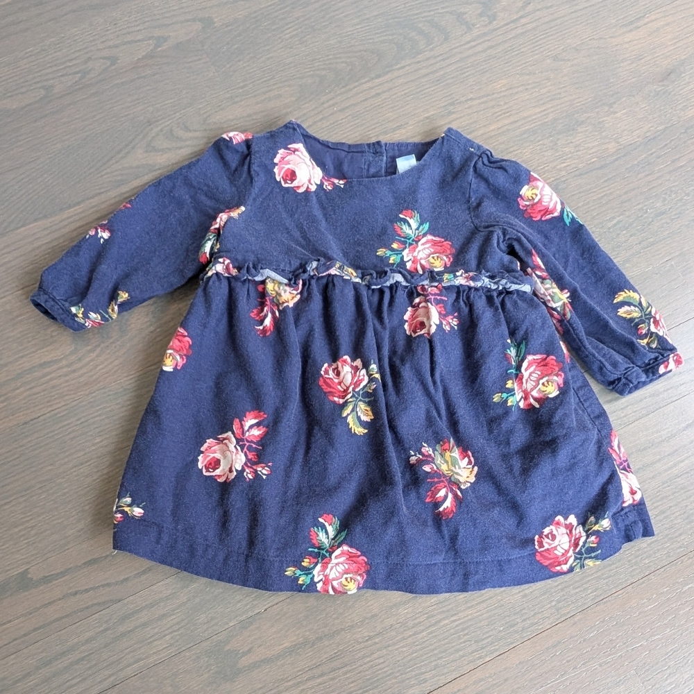 Gap Baby Girl Navy Blue Floral Ruffle Long Sleeve Dress 18-24 Months